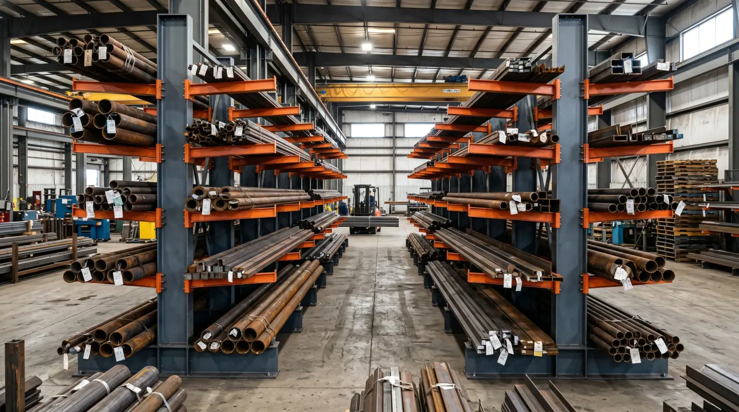 Heavy-duty structural cantilever rack storing pipe, steel, and lumber bundles in a Delaware industrial distributor