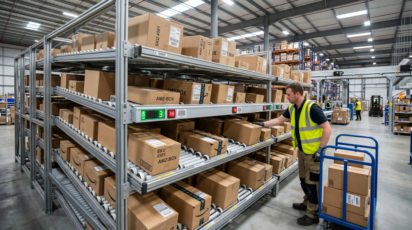 Multi-tier carton flow rack with skate-wheel tracks and warehouse operator picking cases in a Delaware fulfillment center