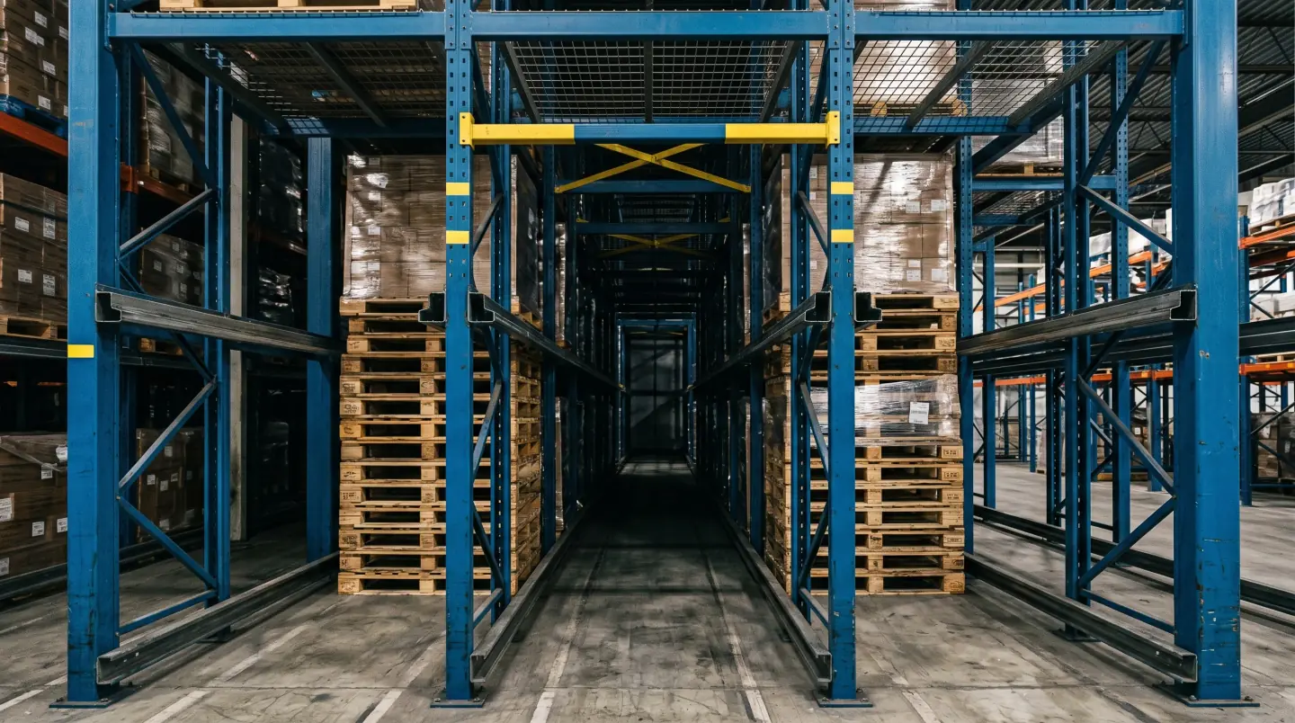 Drive-in pallet rack system with forklift entering the rack structure in a Delaware cold storage warehouse